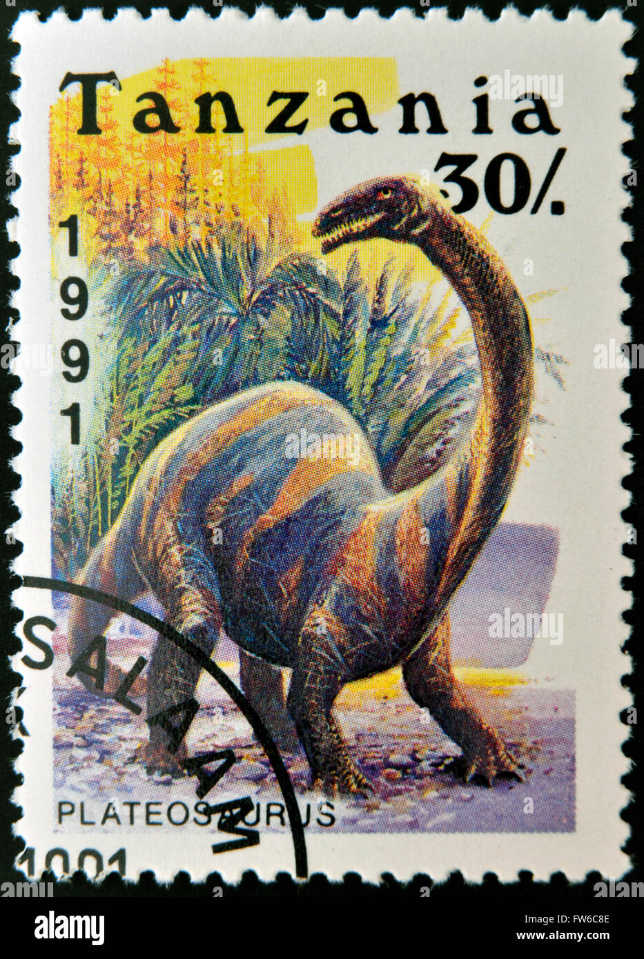 TANZANIA - circa 1991: un timbro stampato in Tanzania mostra dinosauro Plateosaurus, circa 1991 Foto Stock
