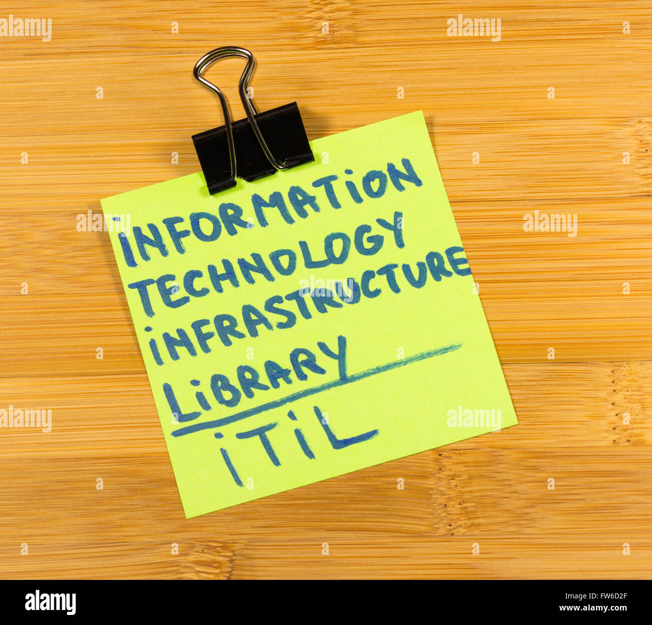 ITIL Information Technology Infrastructure Library nota adesiva su sfondo di legno Foto Stock