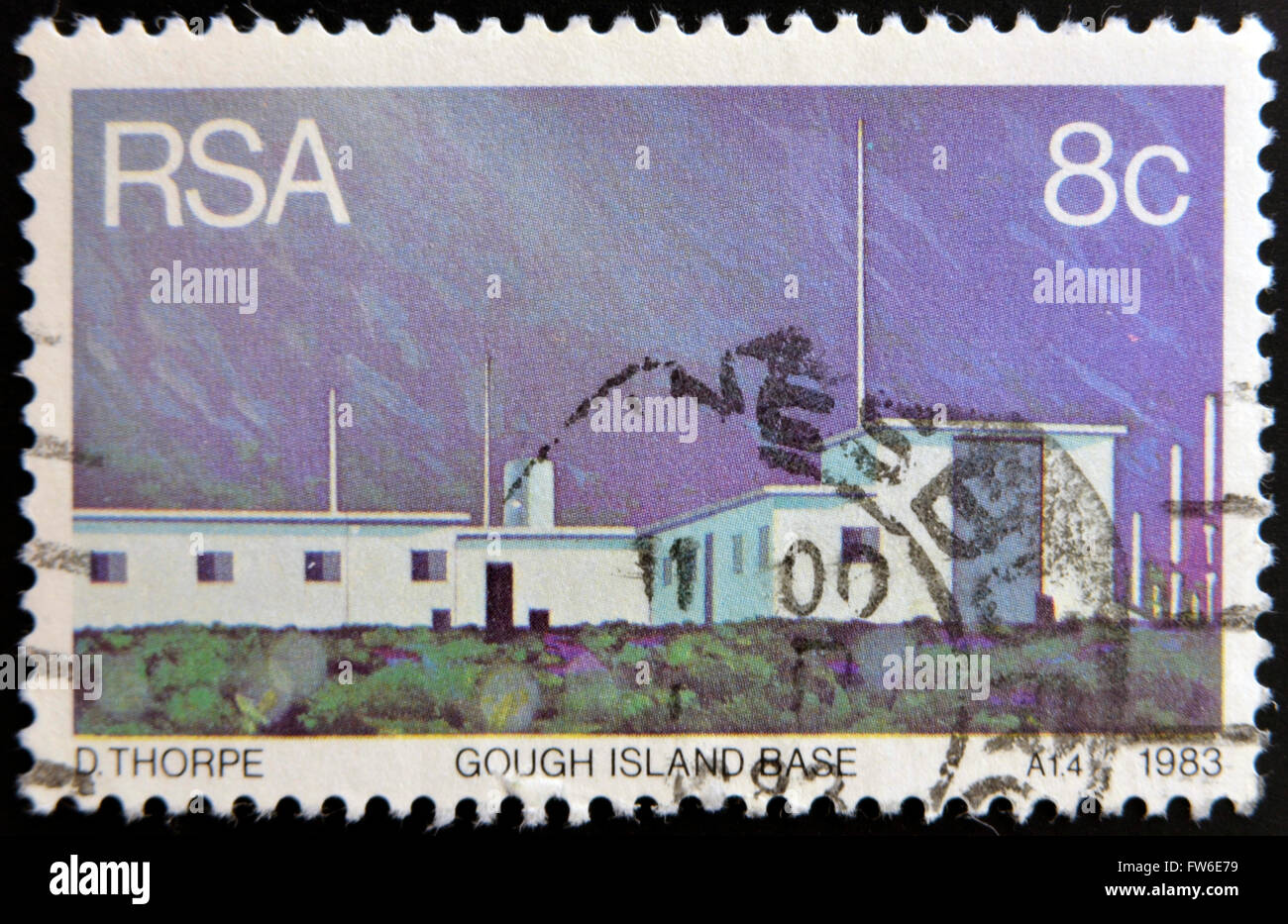 Repubblica del Sud Africa - circa 1983: un timbro stampato nella Repubblica del Sud Africa mostra gough isola base, circa 1983 Foto Stock