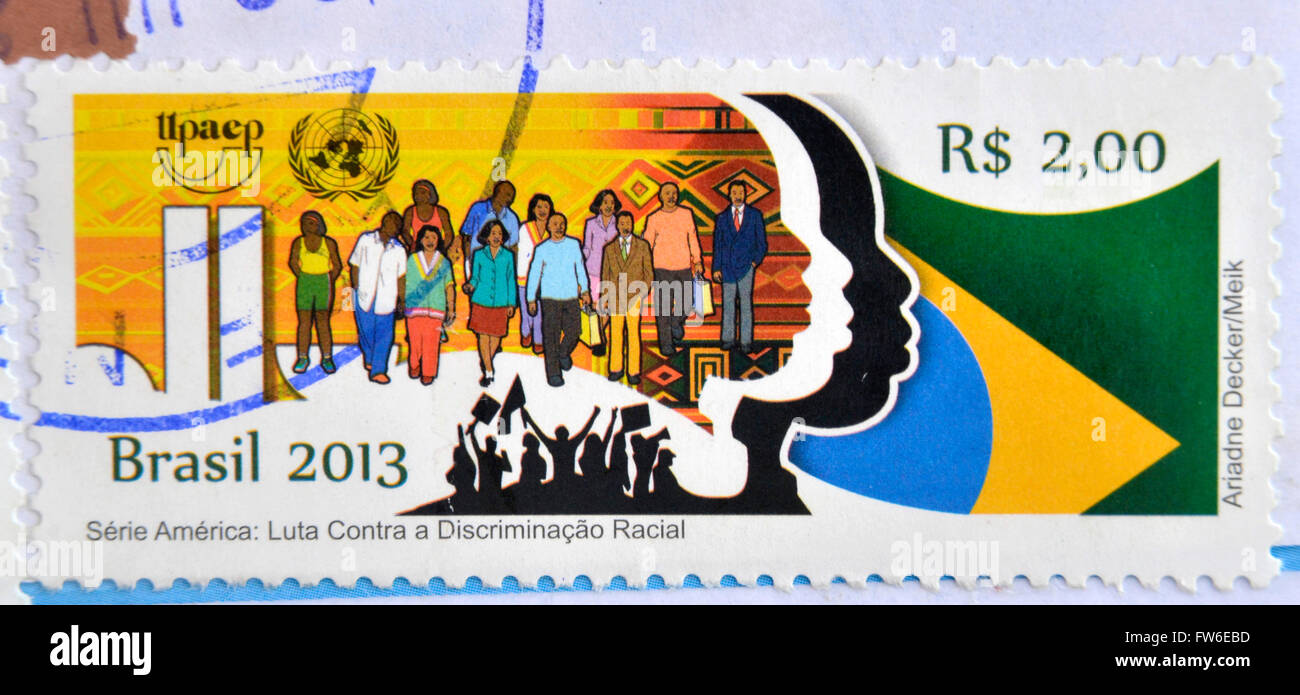 Brasile - circa 2013: un timbro stampato in Brasile dedicata alla lotta contro la discriminazione razziale, circa 2013 Foto Stock