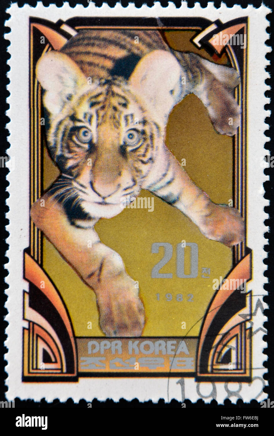 Un timbro stampato in Corea del Nord mostra giovane tiger, circa 1982 Foto Stock