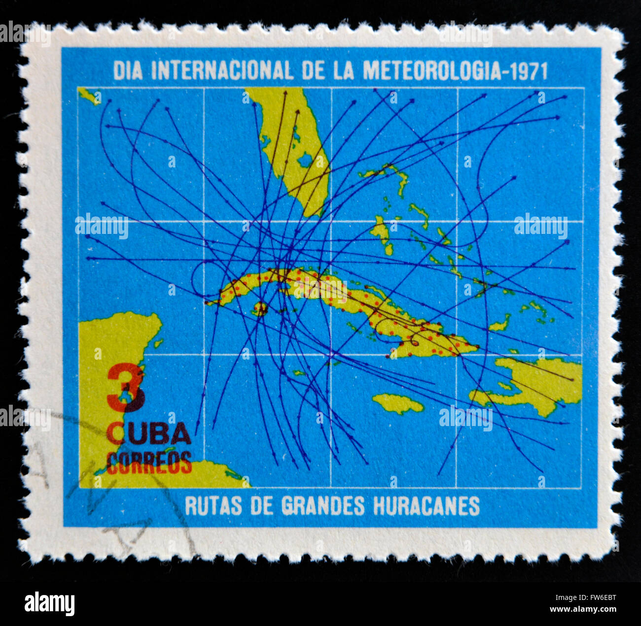 CUBA - circa 1971: un timbro stampato in Cuba dedicata alla Giornata Internazionale della Meteorologia, Mostra mappa di Cuba Foto Stock