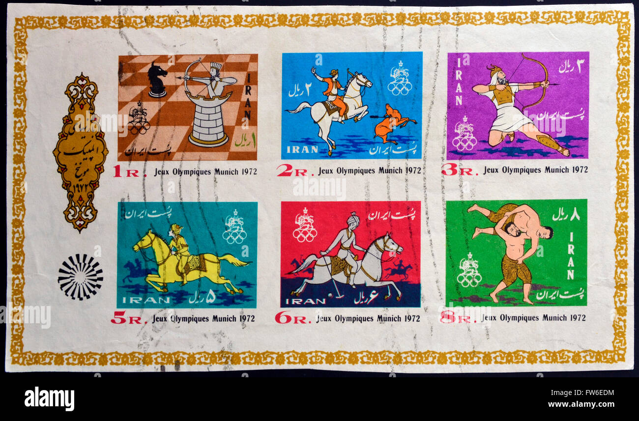 IRAN - circa 1972: francobolli stampati in Iran dedicata al 1972 Olimpiadi di Monaco di Baviera, circa 1972 Foto Stock
