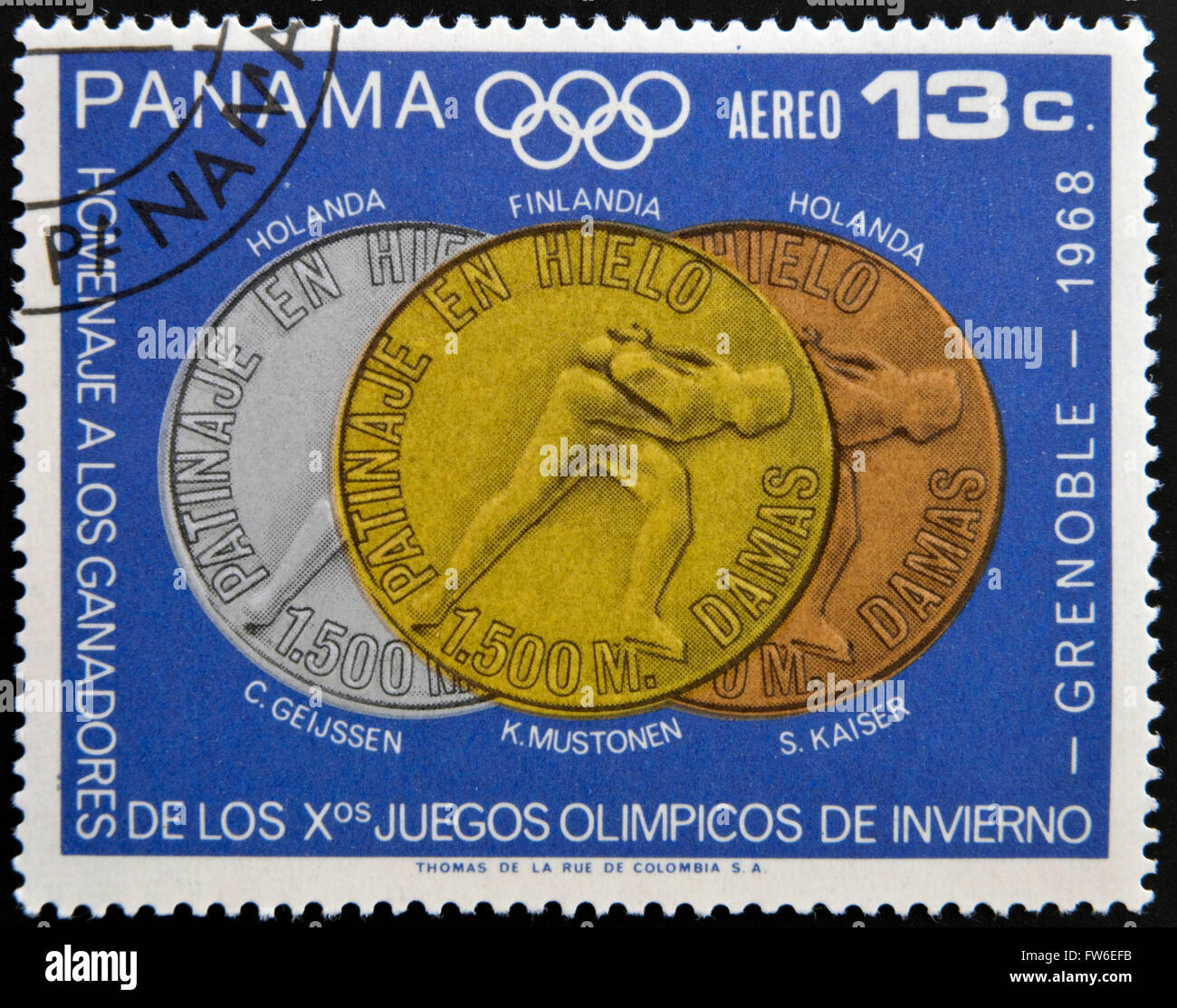 Timbro stampato in Panama omaggio per i vincitori dei giochi olimpici invernali di Grenoble, circa 1968 Foto Stock