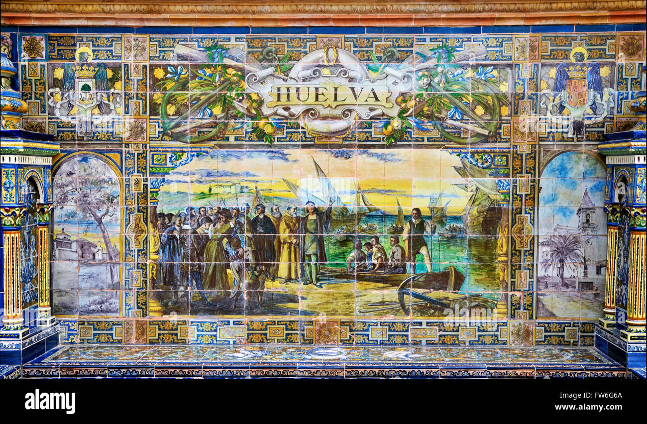 Famosa decorazione ceramica in Plaza de Espana, Sevilla, Spagna. Tema di Huelva. Foto Stock