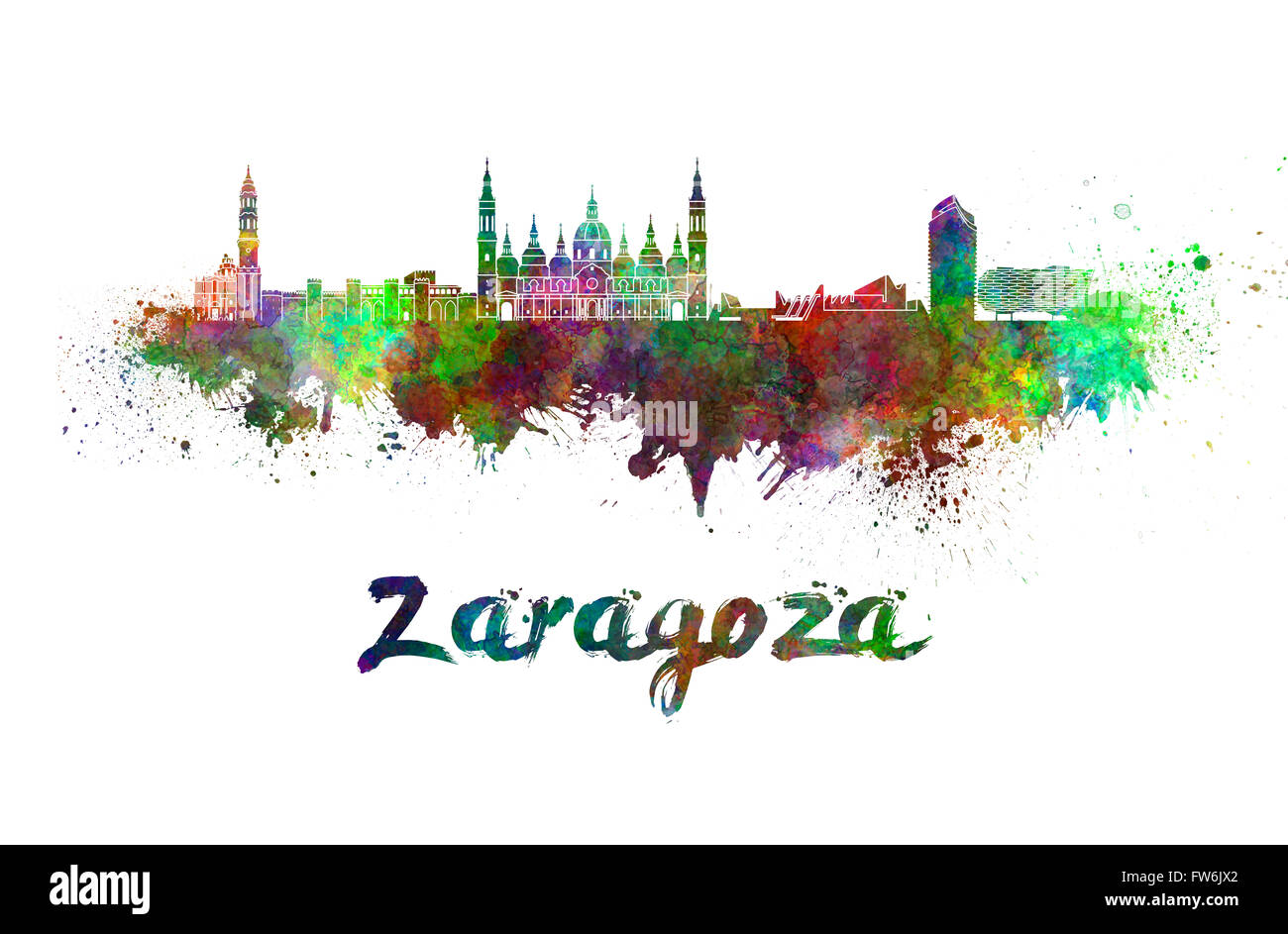 Lo skyline di Saragozza in acquerello schizza con tracciato di ritaglio Foto Stock