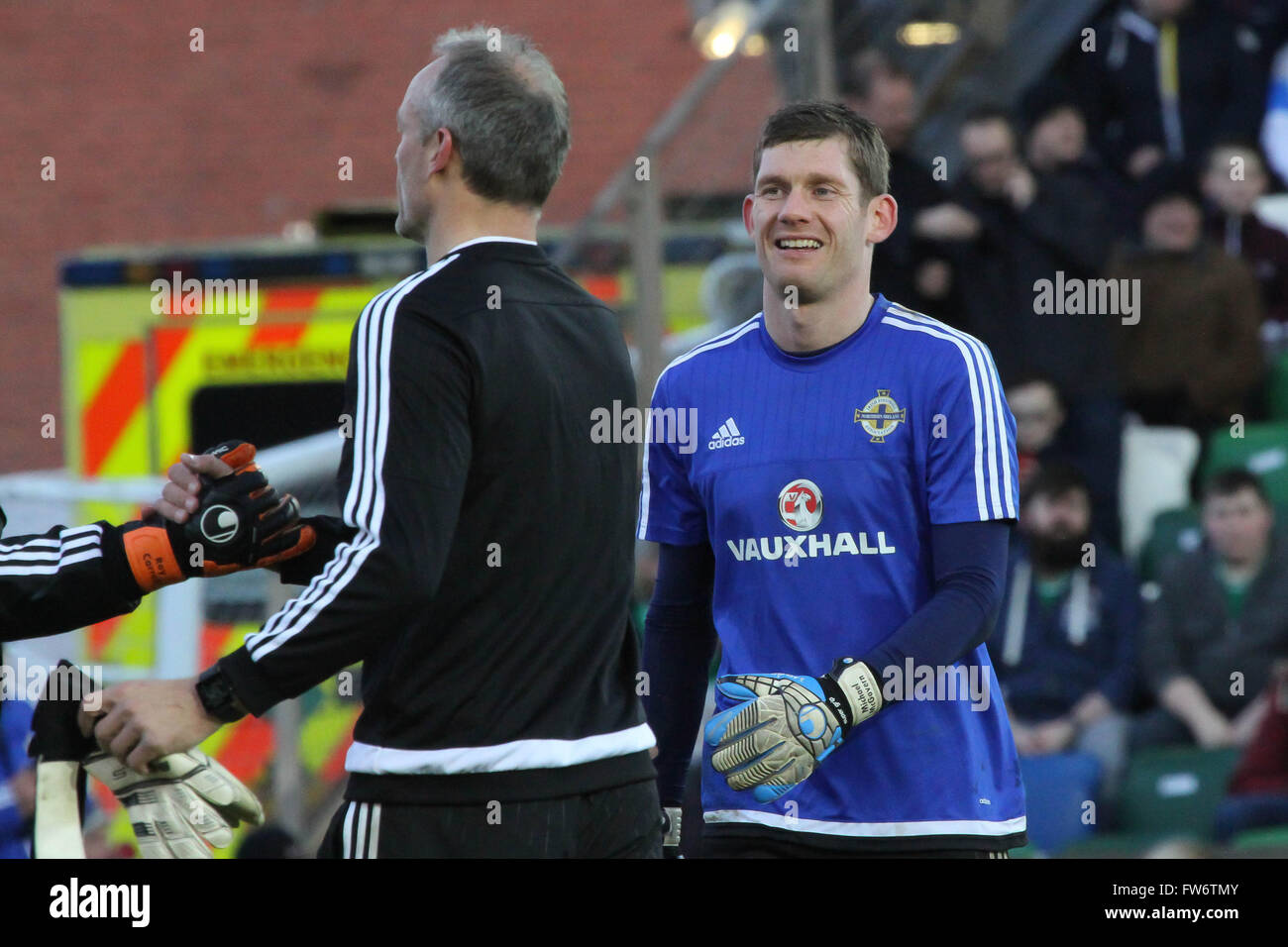 28 Marzo 2016 - Vauxhall sfida internazionale (gentile). Irlanda del Nord 1 La Slovenia 0. Michael McGovern - Irlanda del Nord Foto Stock