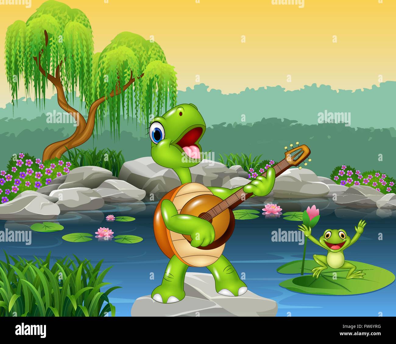 Carino turtle suonando la chitarra su roccia Illustrazione Vettoriale