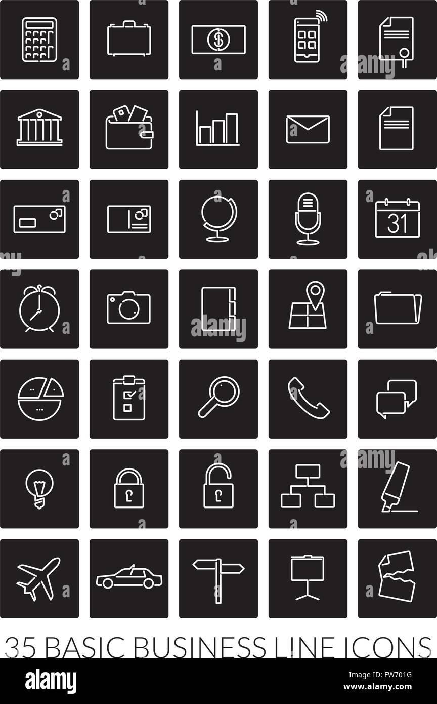 Basic business line set di icone, negativo in nero quadrati arrotondati Illustrazione Vettoriale