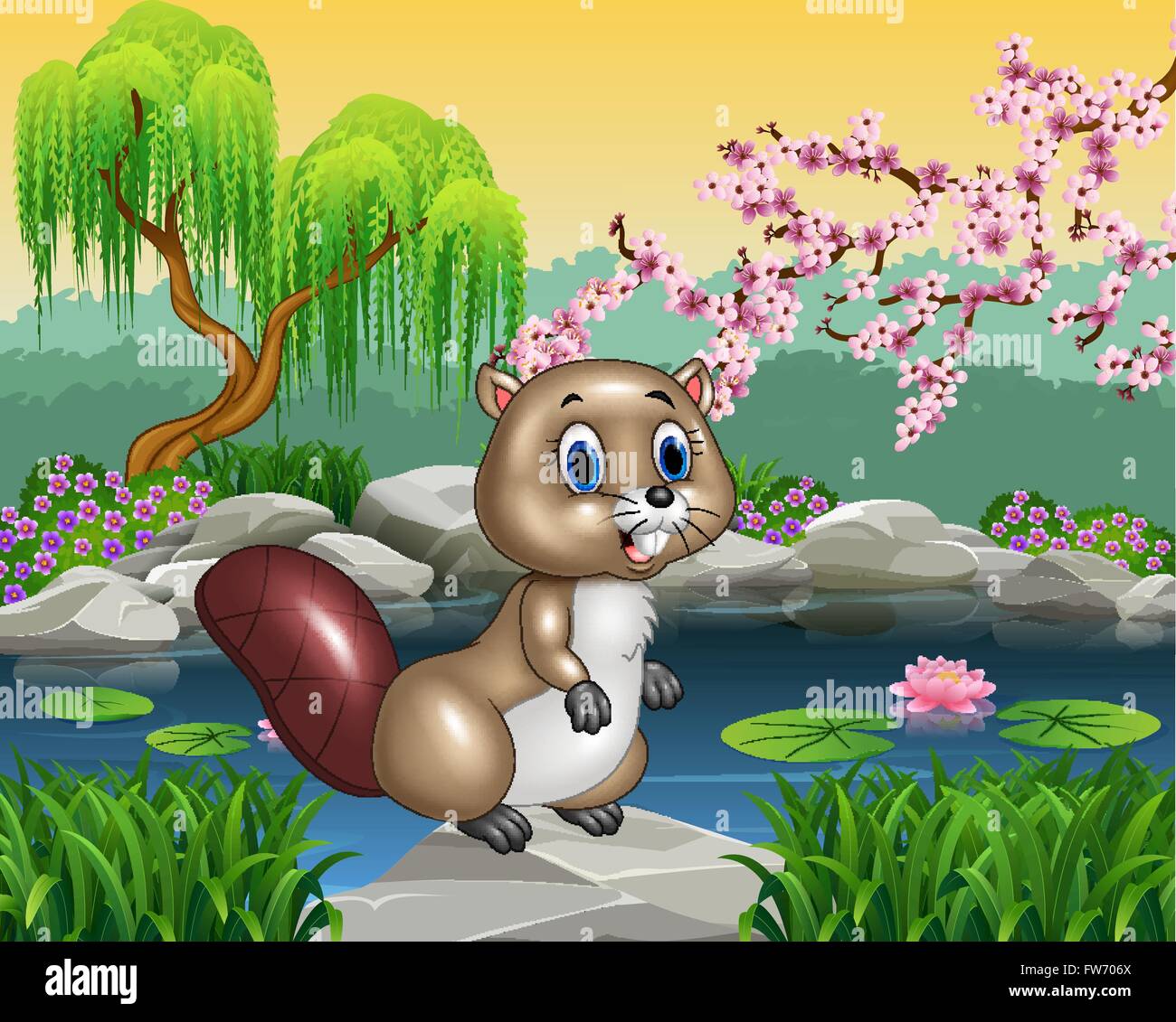 Cartoon beaver in posa sulla roccia Illustrazione Vettoriale