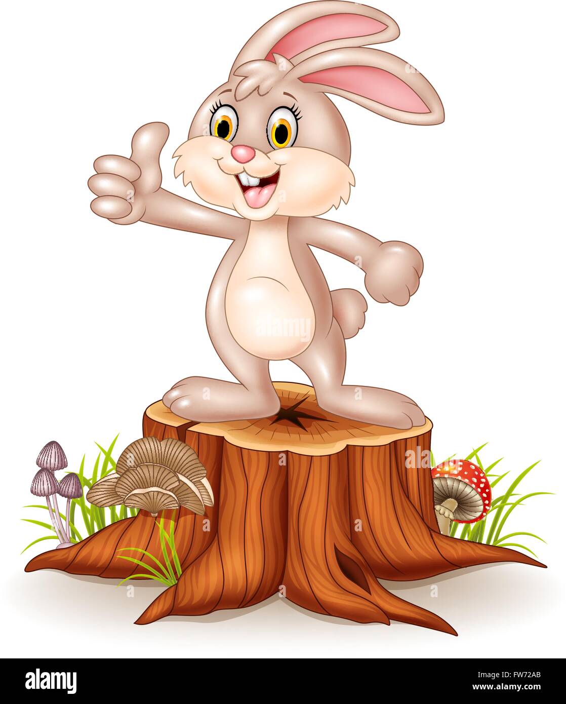 Cartoon bunny dando pollice in alto sul ceppo di albero Illustrazione Vettoriale