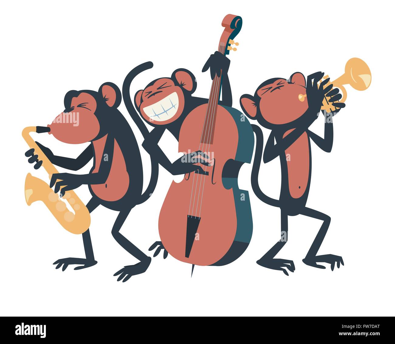 Monkey jazz trio. Uno di loro gioca il sassofono, l'altra suona il contrabbasso e il terzo uno suona la tromba. Illustrazione Vettoriale