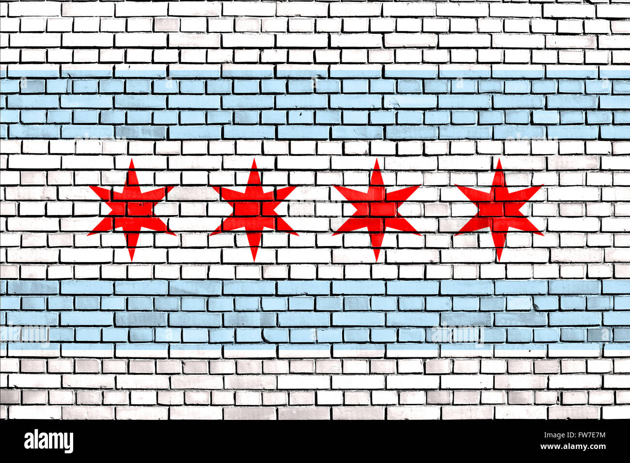 Bandiera di Chicago dipinta su un muro di mattoni Foto Stock