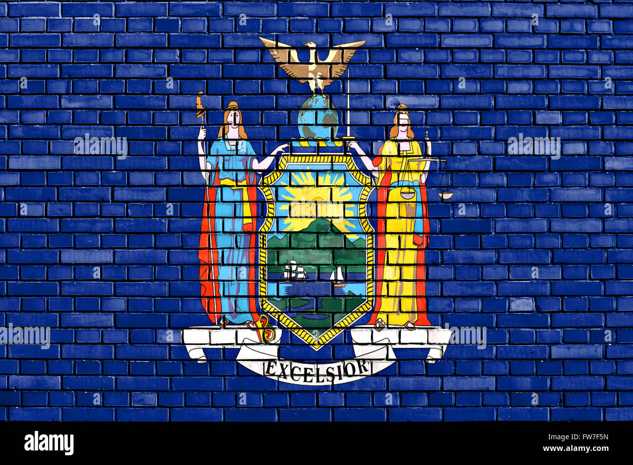 Bandiera di New York dipinta su un muro di mattoni Foto Stock