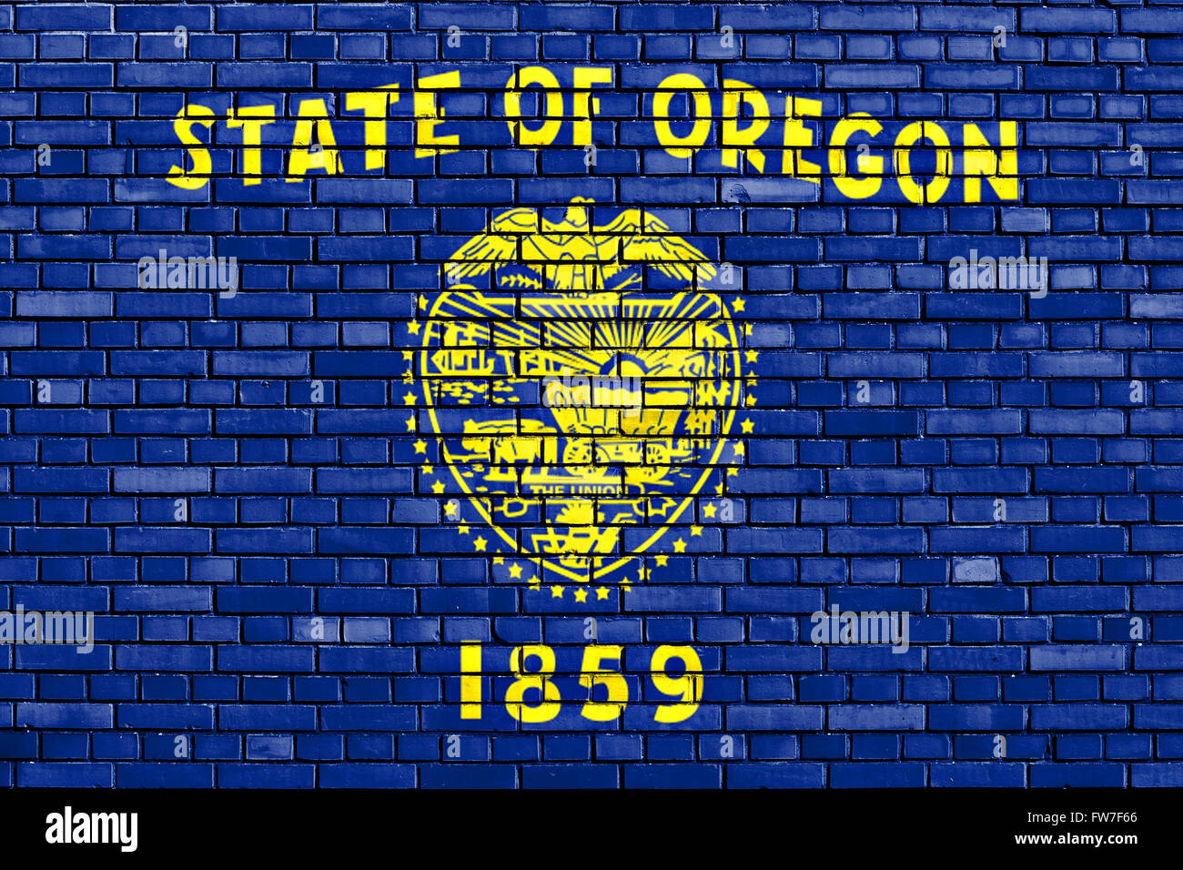 Bandiera della Oregon dipinta su un muro di mattoni Foto Stock