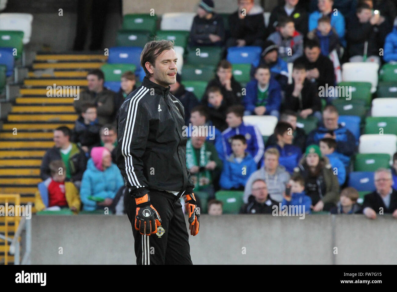 28 Marzo 2016 - Vauxhall sfida internazionale (gentile). Irlanda del Nord 1 La Slovenia 0. Roy Carroll - Irlanda del Nord Foto Stock