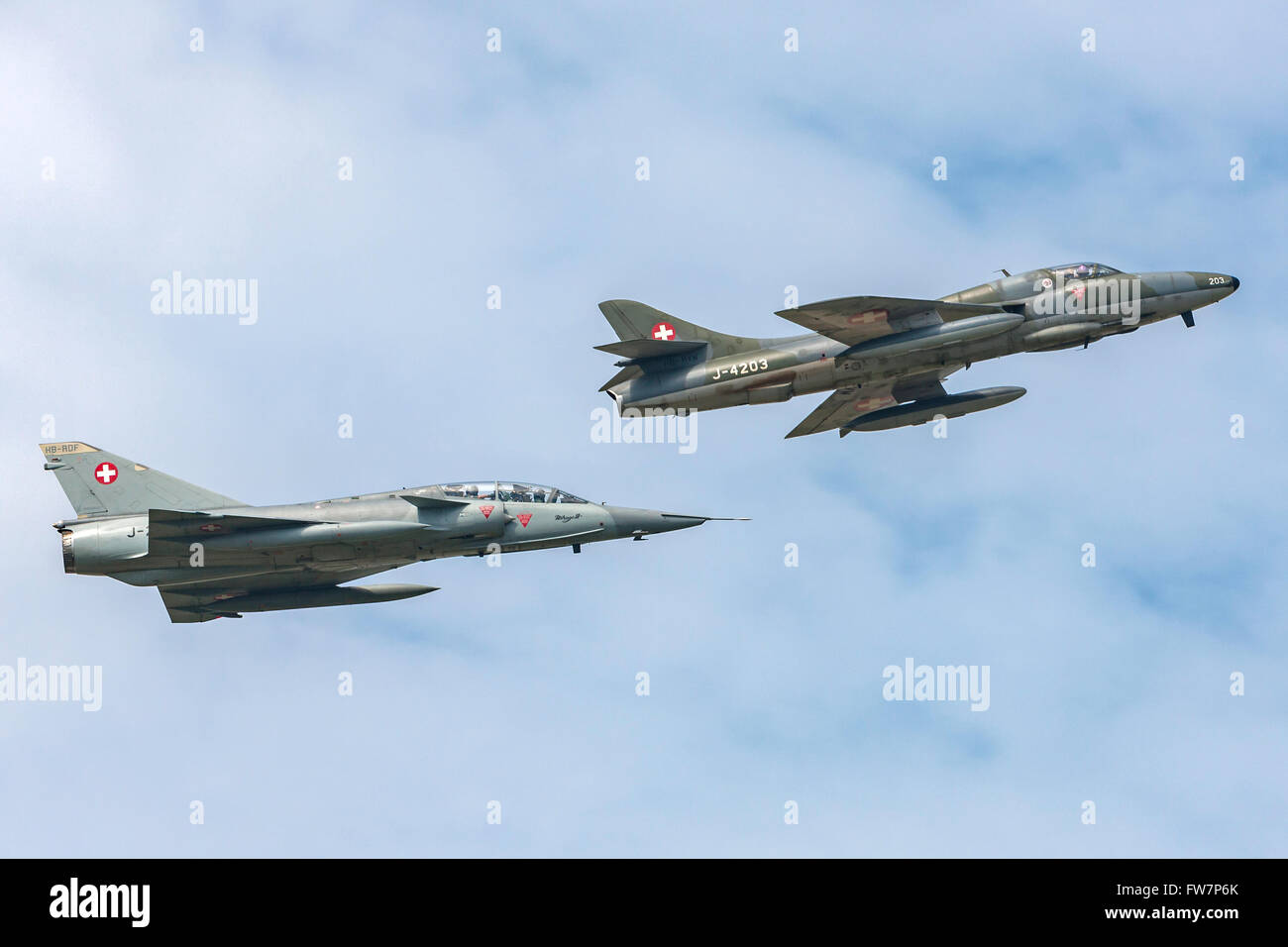 Dassault Mirage III DS Fighter Aircraft in Swiss Air Force marcature (J-2012), il velivolo porta la registrazione civile HB-RDF Foto Stock