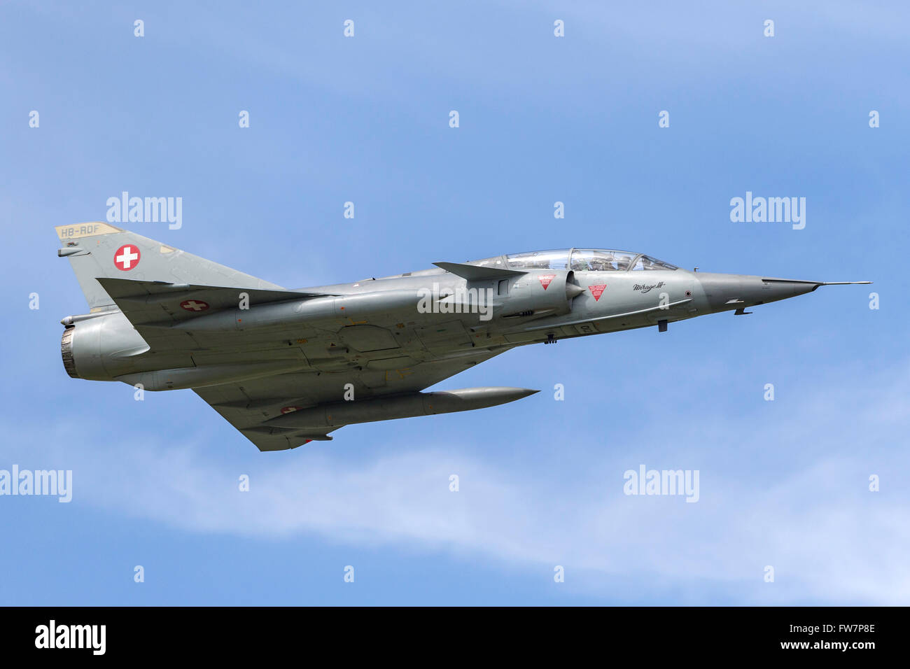 Dassault Mirage III DS Fighter Aircraft in Swiss Air Force marcature (J-2012), il velivolo porta la registrazione civile HB-RDF Foto Stock