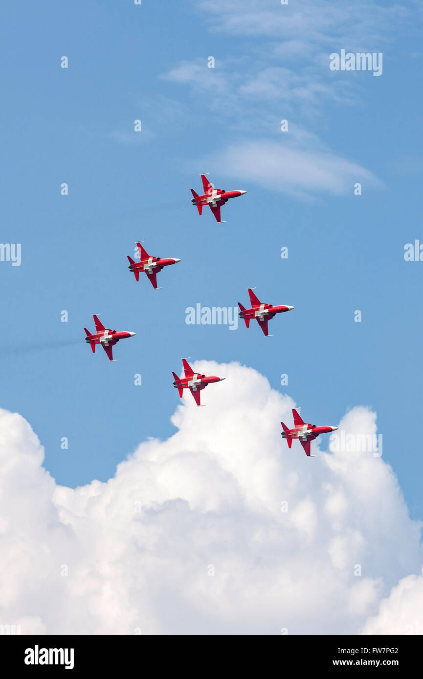 Patrouille Suisse, la formazione aerobatic team di visualizzazione della Swiss Air Force battenti Northrop F-5E Tiger II aerei jet. Foto Stock