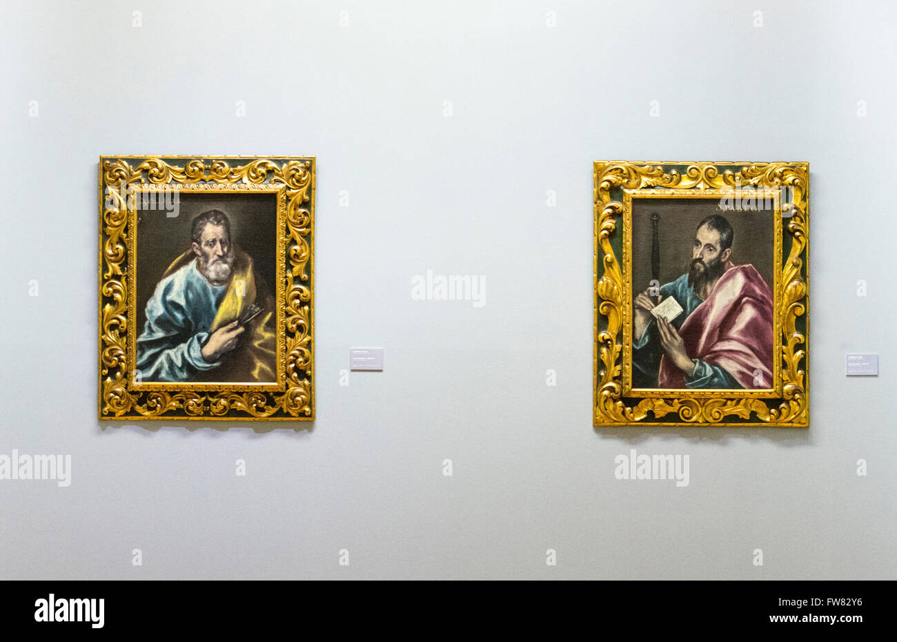 Oviedo, Spagna. Il 31 marzo, 2016. Dipinto ad Olio "Pablo apostol' e 'San Pedro apostol' (1608) di El Greco durante la riapertura del Museo di Belle Arti di Asturias il Marzo 31, 2016 a Oviedo, Spagna. Credito: David Gato/Alamy Live News Foto Stock