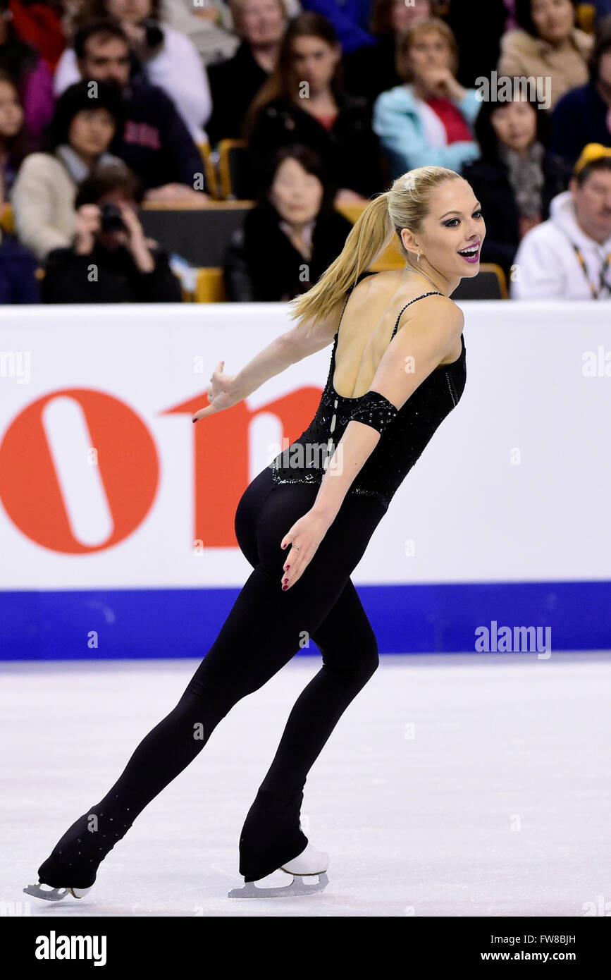 Boston, Massachusetts, USA. Il 1 aprile, 2016. Alexa Scimeca (USA) compete in coppie breve programma presso il pattinaggio internazionale europea del campionato mondiale tenutosi a TD Garden di Boston, Massachusetts. Sui e Han al primo posto nel programma a breve. Eric Canha/CSM Credito: Cal Sport Media/Alamy Live News Foto Stock