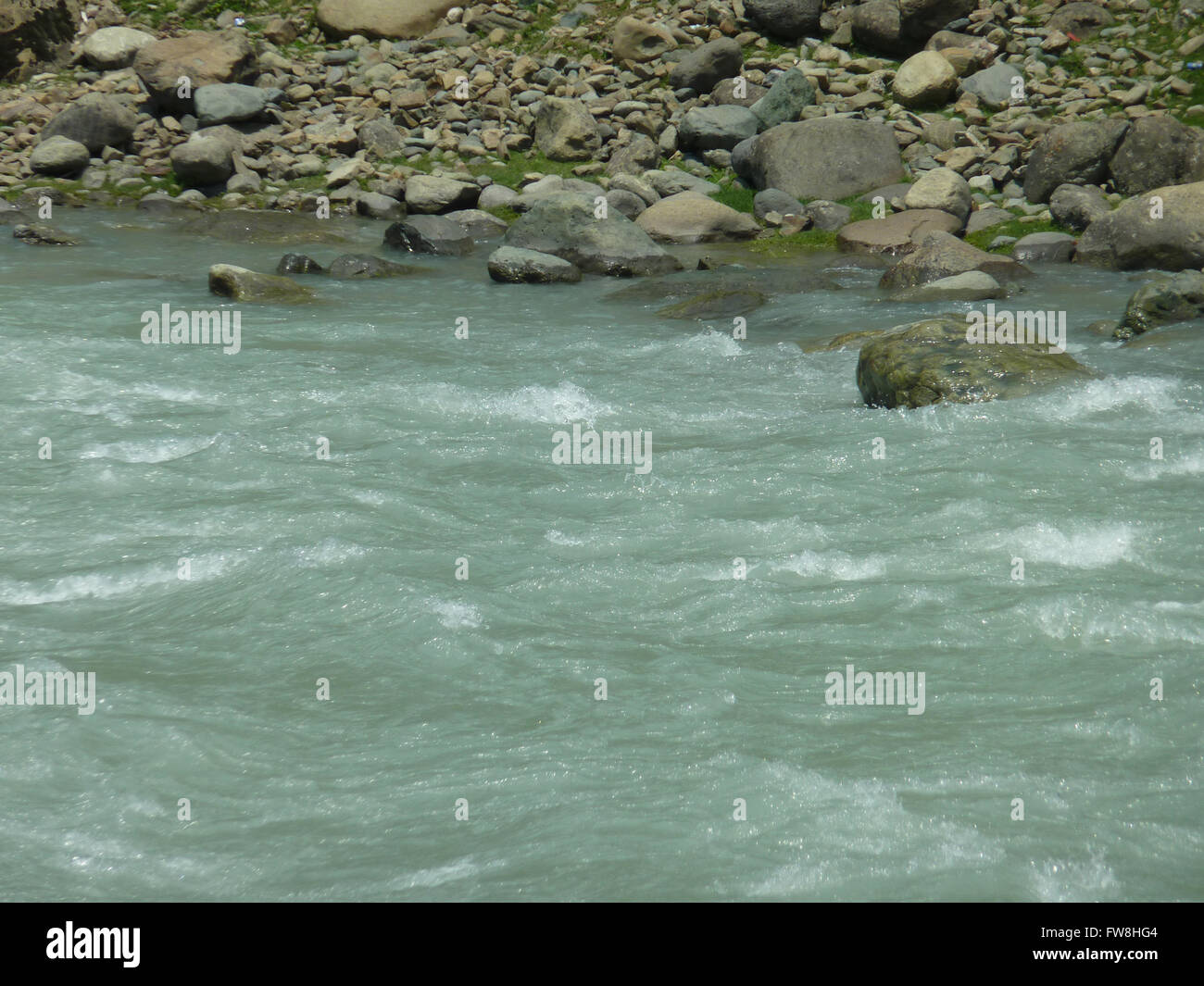 Fiume Lidder, Pahalgam, Kashmir, proveniente dal ghiacciaio Kolhoi, passando attraverso il prato Lidderwat, attraversando Pahalgam Foto Stock