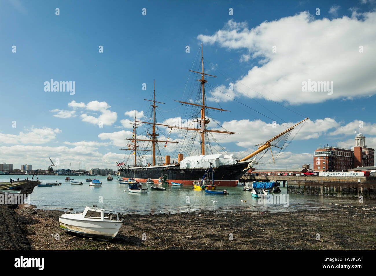 La molla pomeriggio al Guerriero HMS a Portsmouth Historic Dockyard, UK. Foto Stock