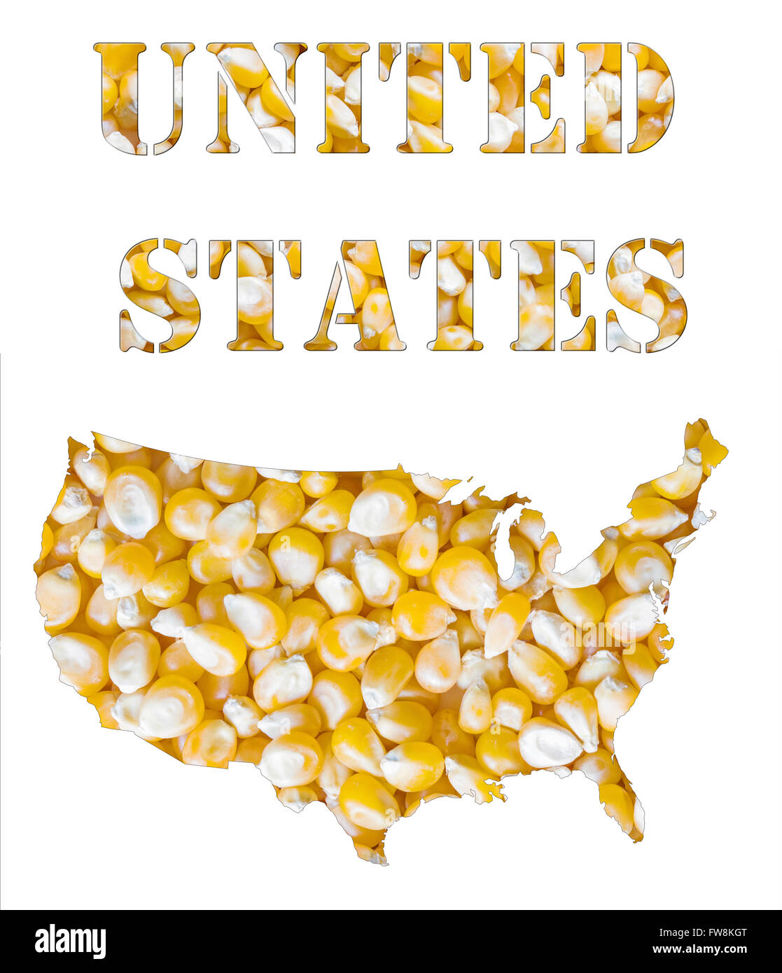 Stati Uniti la parola e il paese a forma di mappa con semi di mais Foto Stock