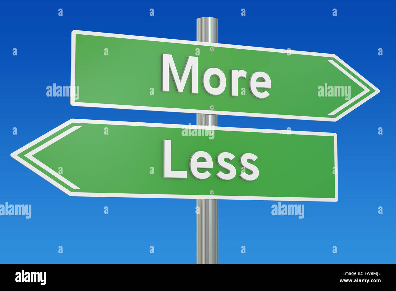 Più o meno concetto sul cartello stradale, rendering 3D Foto Stock