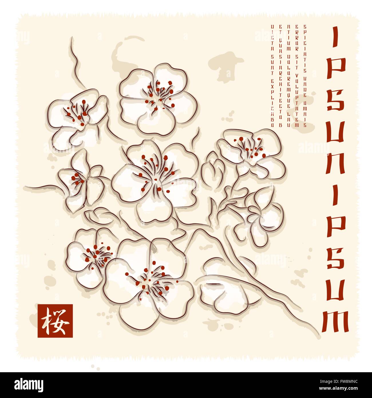 Invito con il Giappone Cherry Blossom disegnata in stile acquerello con i campioni di testo. Free font utilizzato. Illustrazione Vettoriale