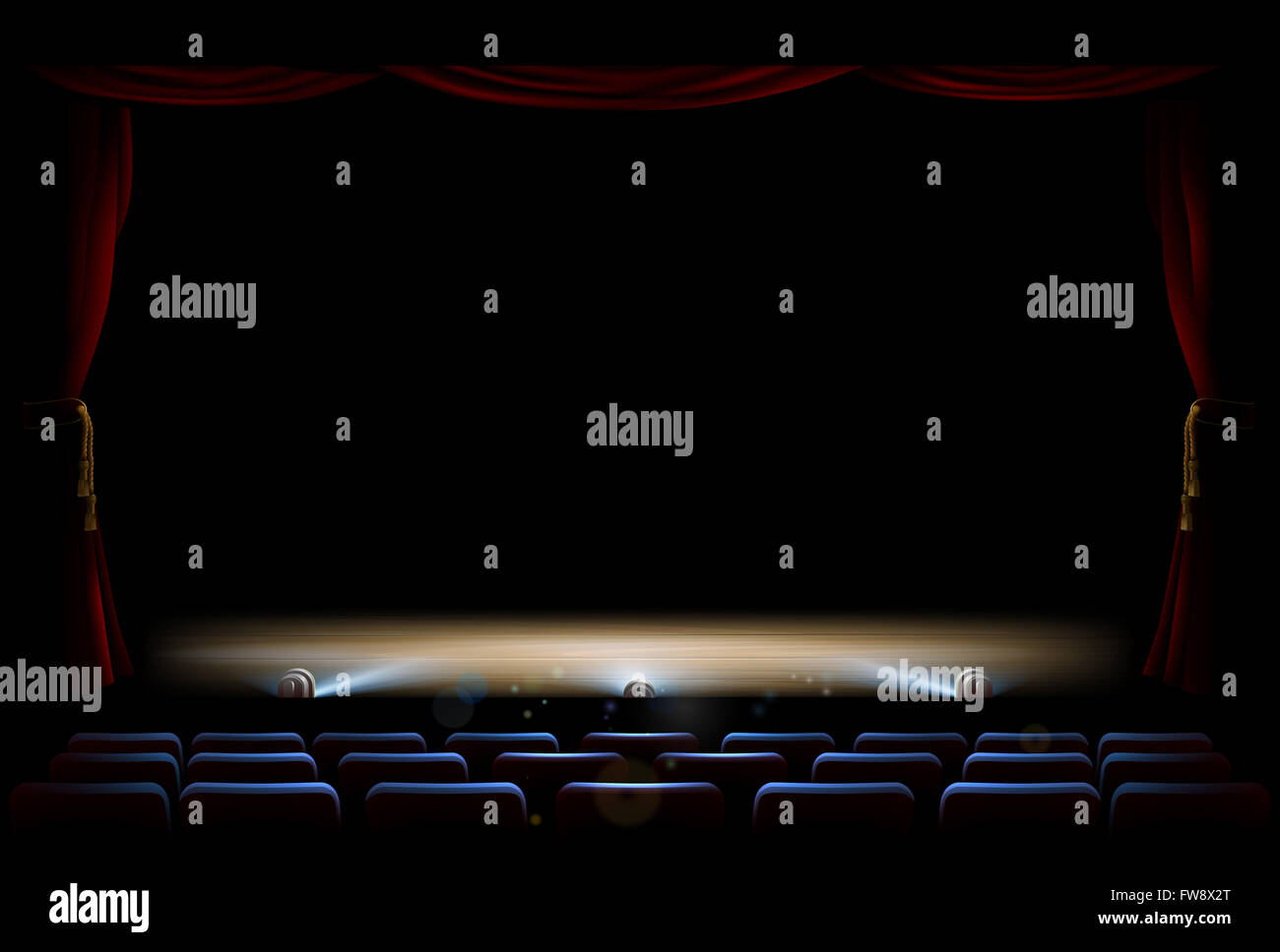 Una illustrazione della parte interna di un teatro con palcoscenico, footlights e tende Foto Stock Una illustrazione della parte interna di un teatro con palcoscenico, footlights e tende Foto Stock