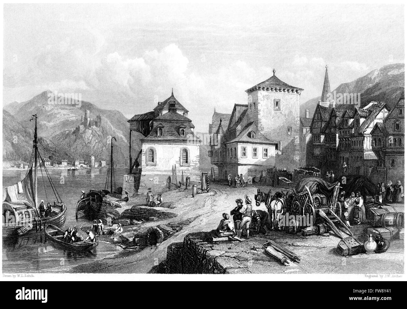 Una incisione di St Goar, Reno scansionati ad alta risoluzione da un libro stampato in 1876. Ritiene copyright free. Foto Stock