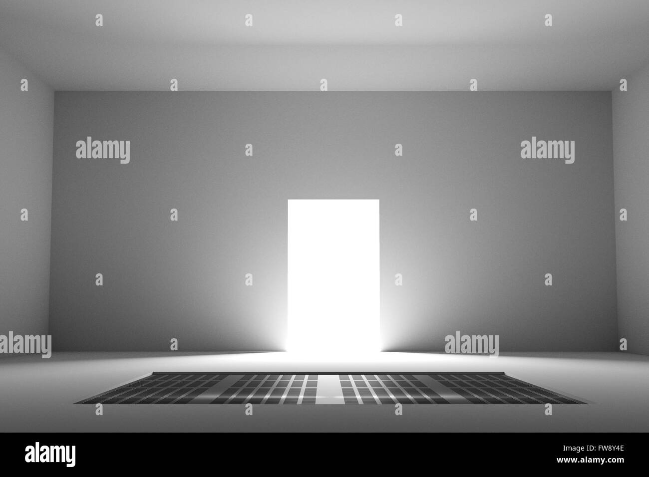 3D rendering di vista sulla porta illuminata dal vuoto non arredato camera con pareti bianche e inserto metallico sul pavimento Foto Stock