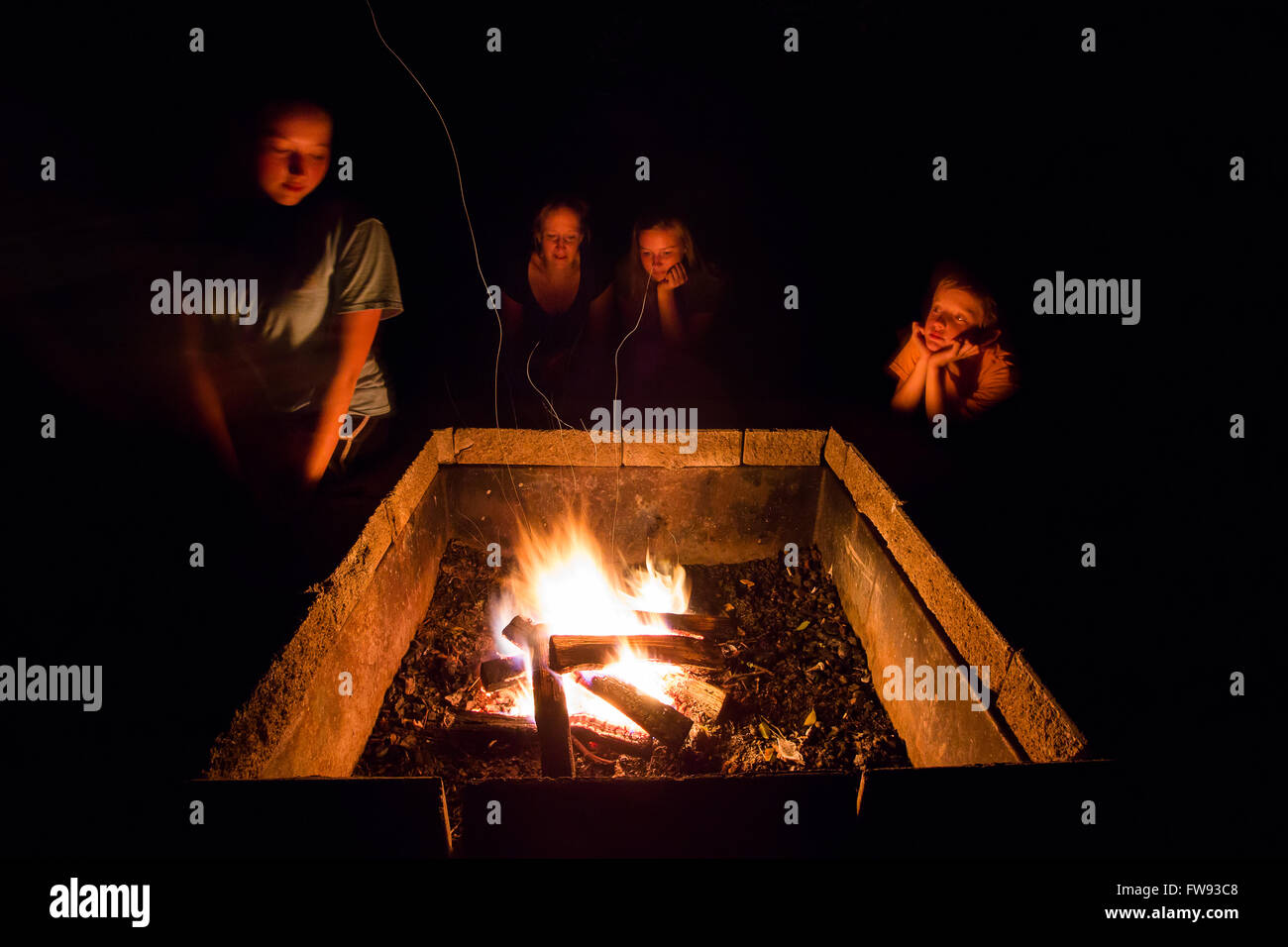 Famiglia godendo di una buca per il fuoco a una cabina di Table Rock State Park in Upstate Carolina del Sud. Foto Stock