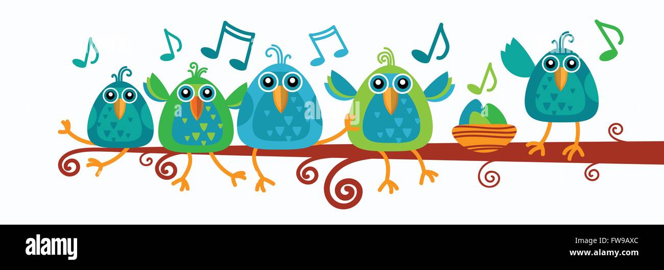 Gruppo di uccelli seduto sul ramo con note musicali Illustrazione Vettoriale Gruppo di uccelli seduto sul ramo con note musicali Illustrazione Vettoriale