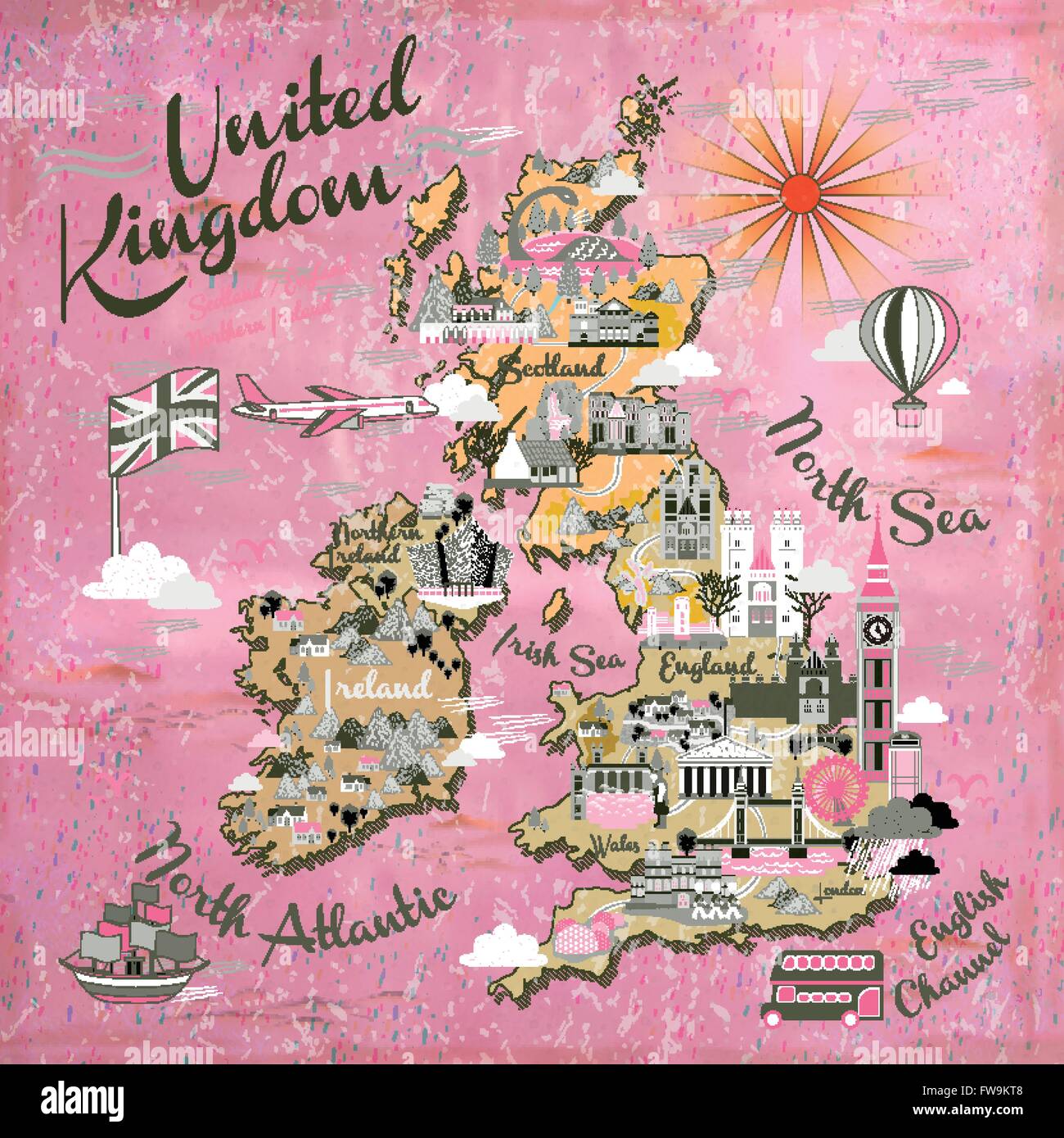 Attraente Regno Unito mappa di viaggio con le famose attrazioni Illustrazione Vettoriale