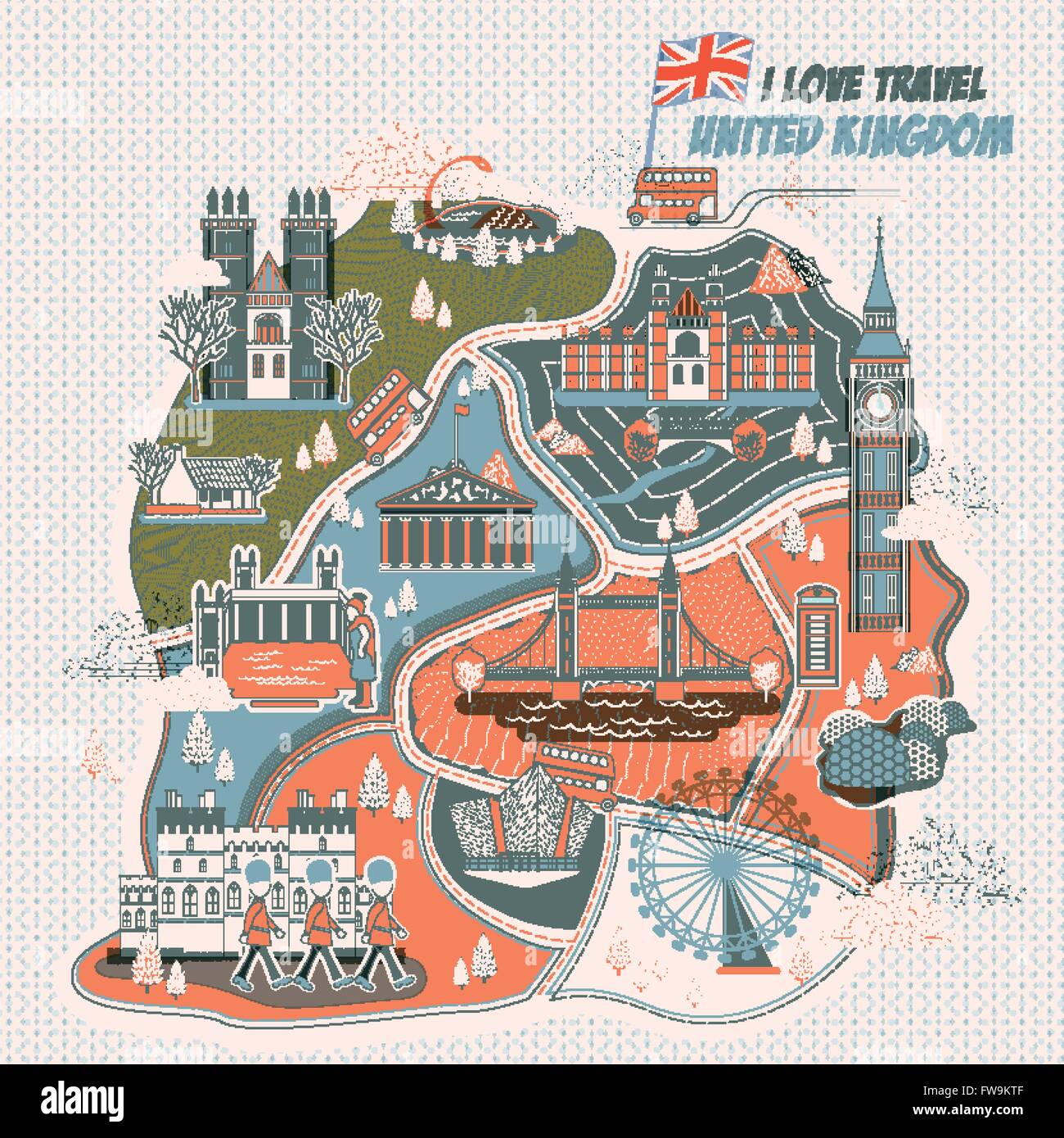 Attraente Regno Unito viaggi design poster con attrazioni Illustrazione Vettoriale