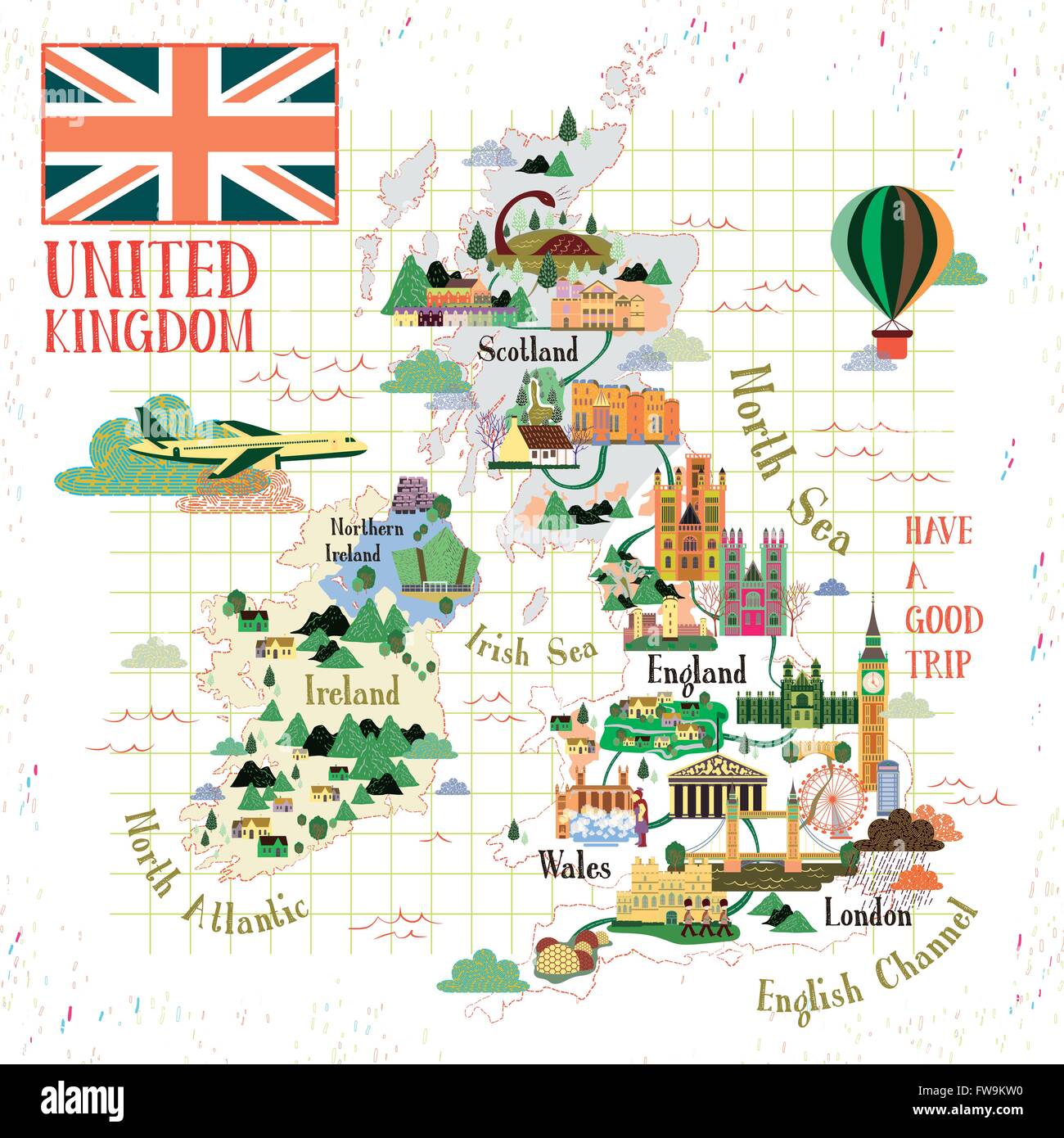 Incantevole Regno Unito mappa di viaggio con le famose attrazioni Illustrazione Vettoriale