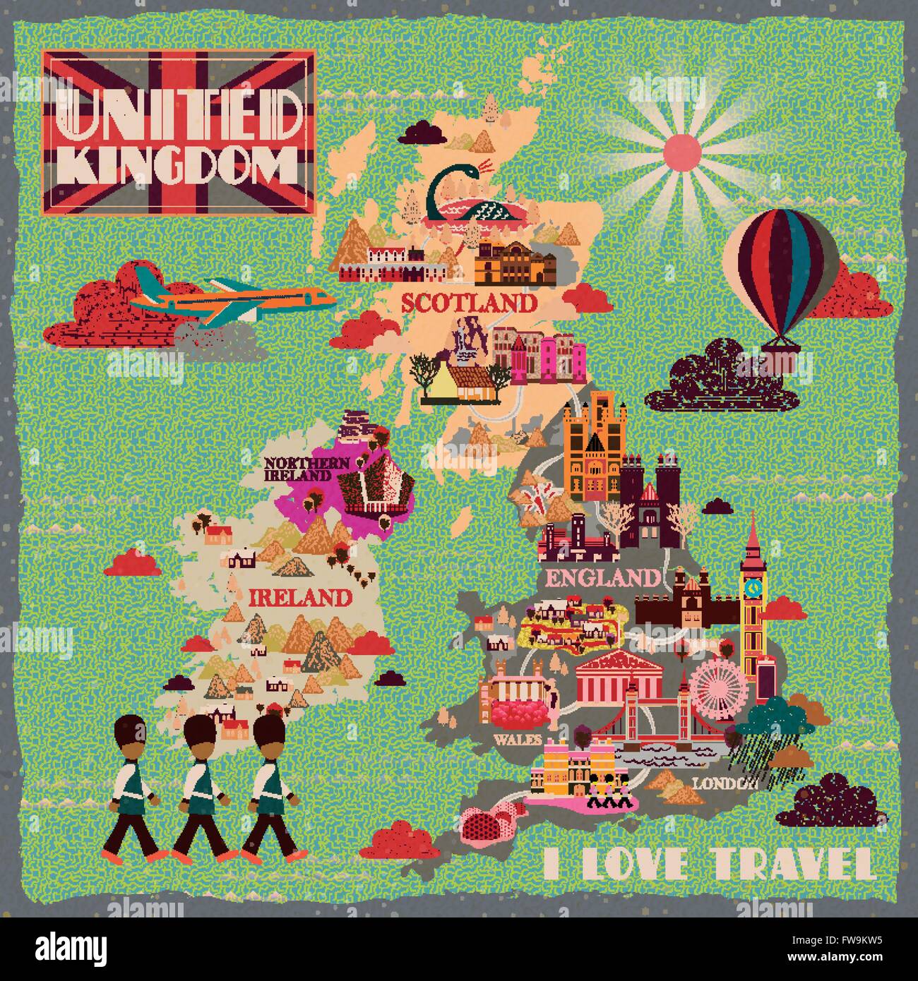 Incantevole Regno Unito mappa di viaggio con le famose attrazioni Illustrazione Vettoriale