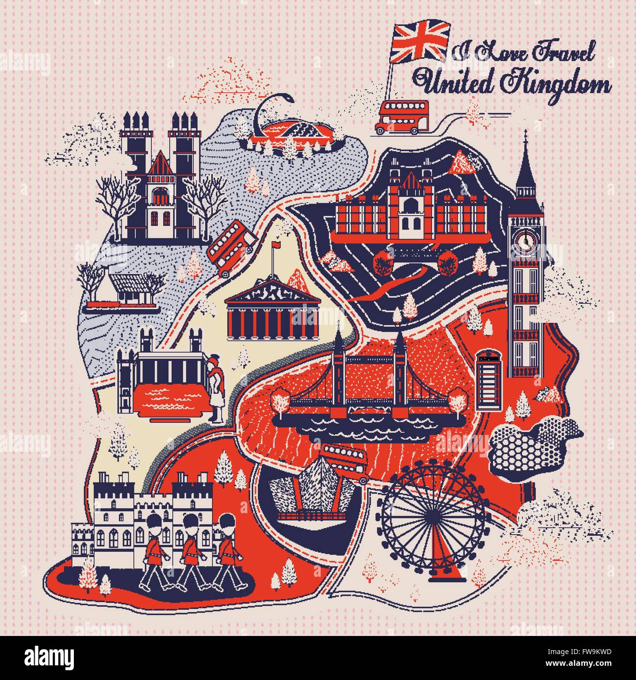 Attraente Regno Unito viaggi design poster con attrazioni Illustrazione Vettoriale