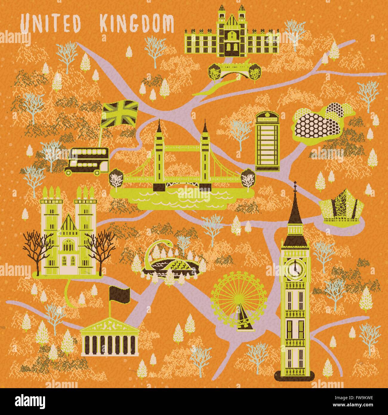 Elegante Regno Unito viaggi design poster con attrazioni Illustrazione Vettoriale