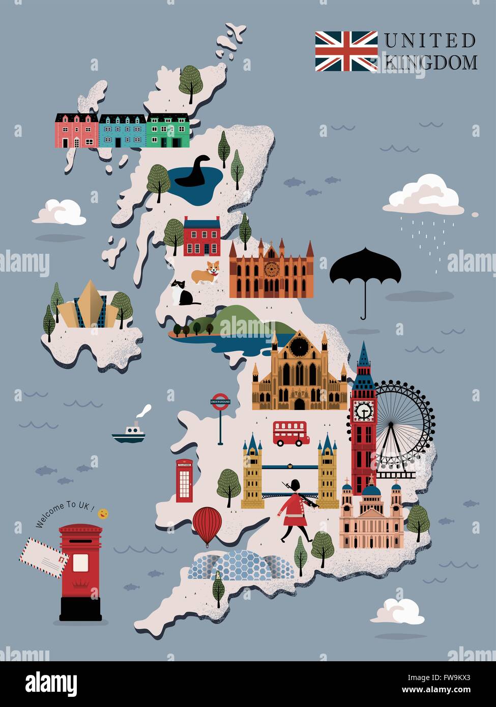 Incantevole Regno Unito viaggi design poster con attrazioni Illustrazione Vettoriale