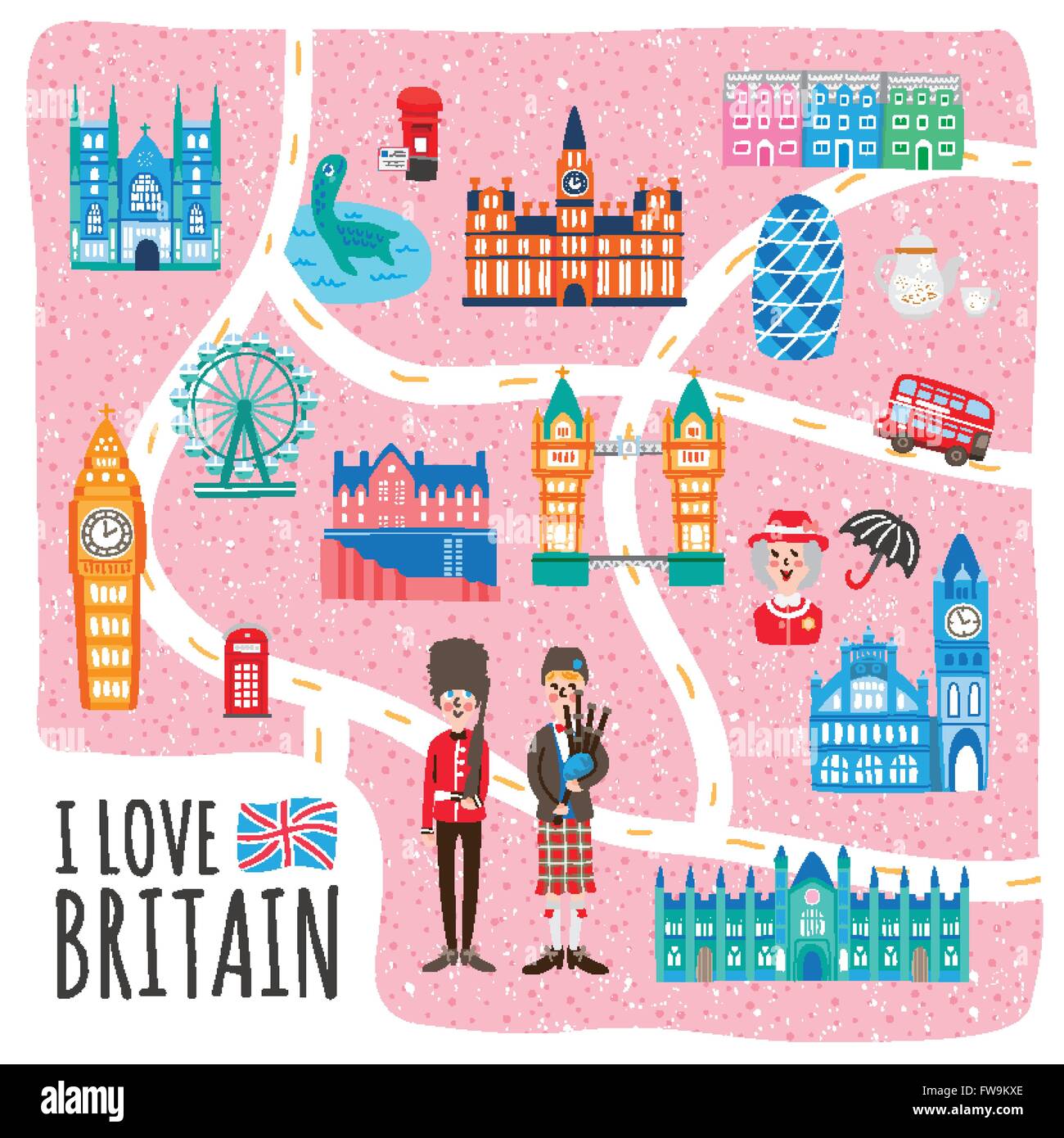 Incantevole Regno Unito a piedi mappa design con attrazioni Illustrazione Vettoriale