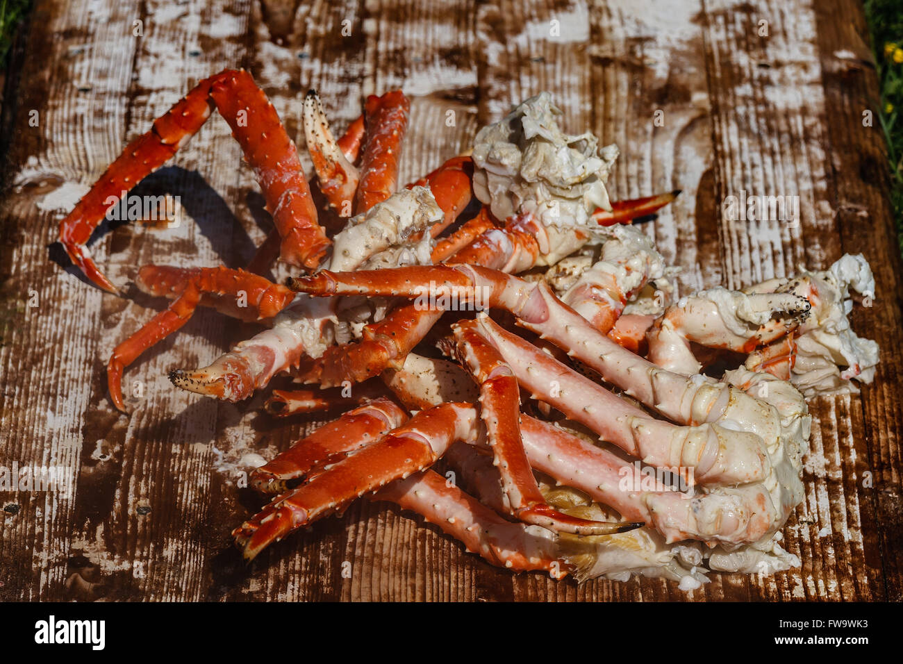 Appena cotti gambe di un rosso granchio reale Foto Stock