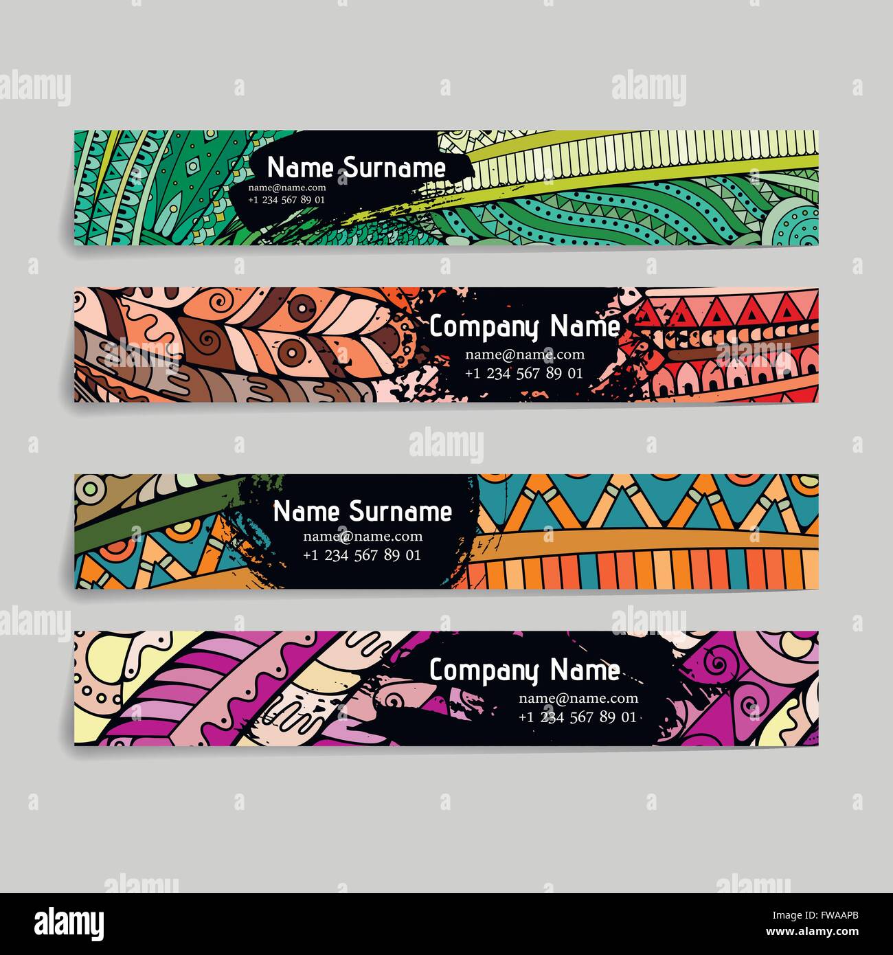 Set di vettore di modelli di progettazione. Brochure in casuale stile colorato. Zentangle disegni. Illustrazione Vettoriale