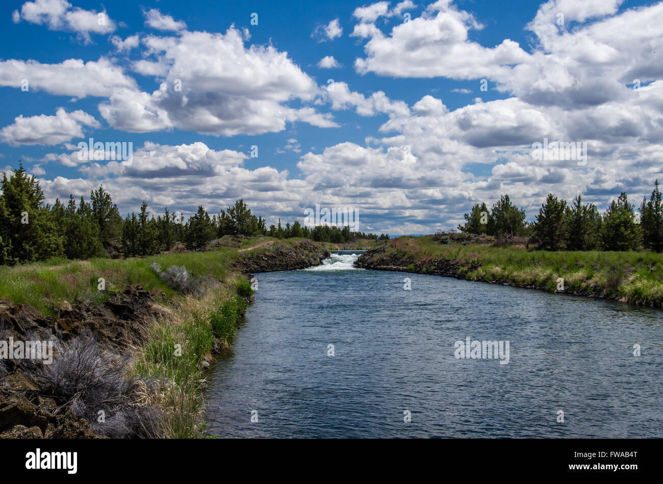 Canale di irrigazione piena di acqua che scorre attraverso un ranch in Oregon orientale Foto Stock
