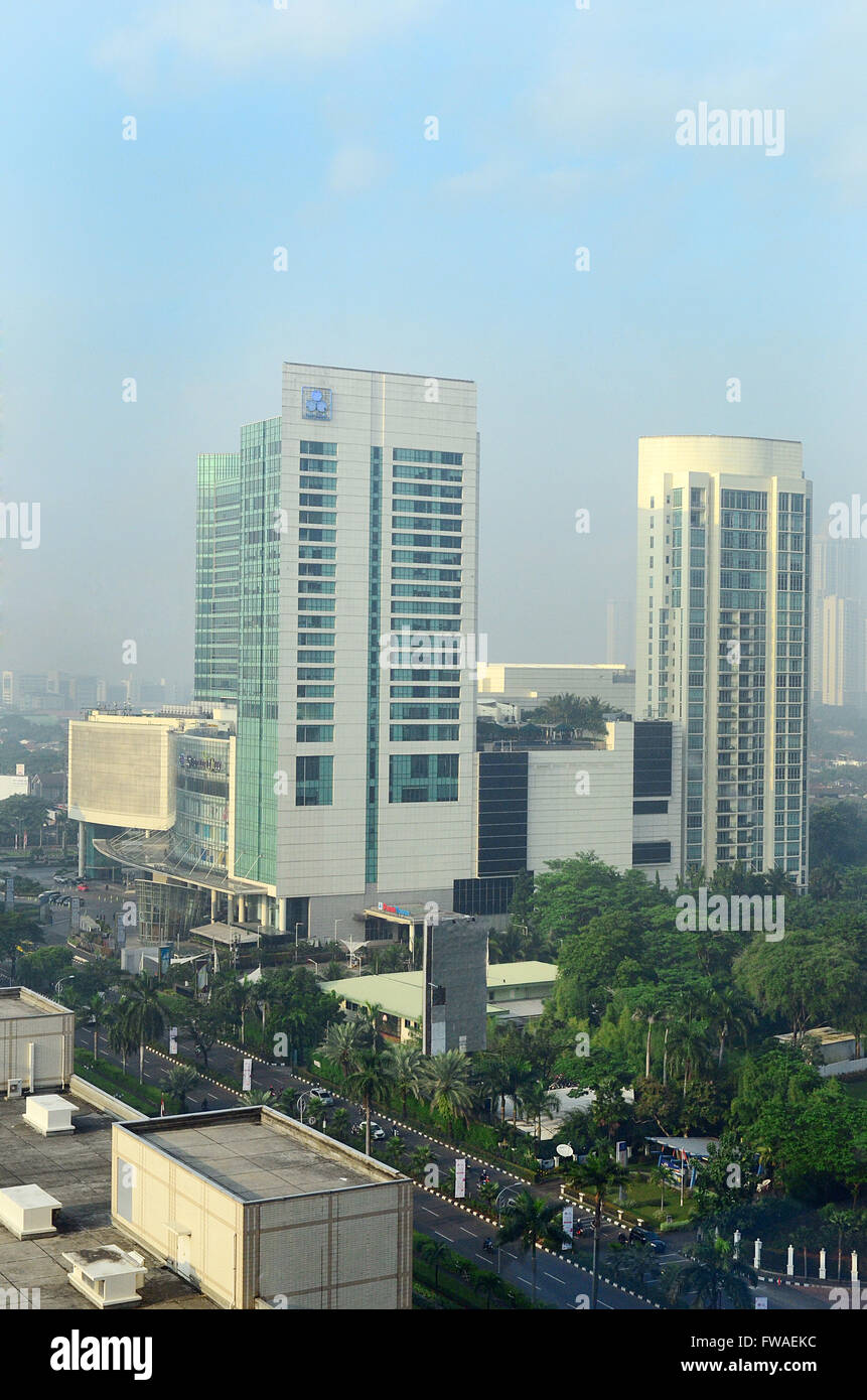Vista dall'alto, Senayan City building al mattino, Jakarta, Indonesia Foto Stock