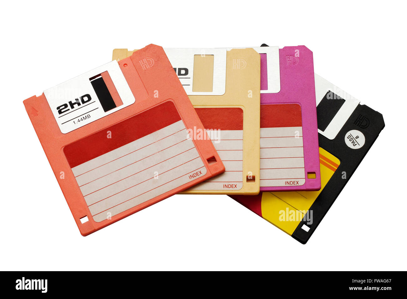 Pila di floppy disk in vari colori Foto Stock