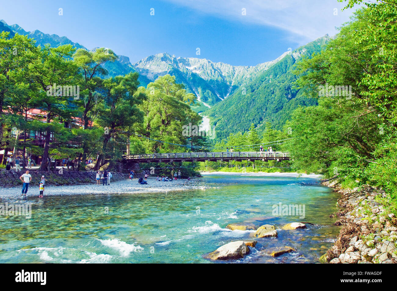 Ponte di Kappabashi in Kamikochi Parco Nazionale a Nagano, Giappone Foto Stock