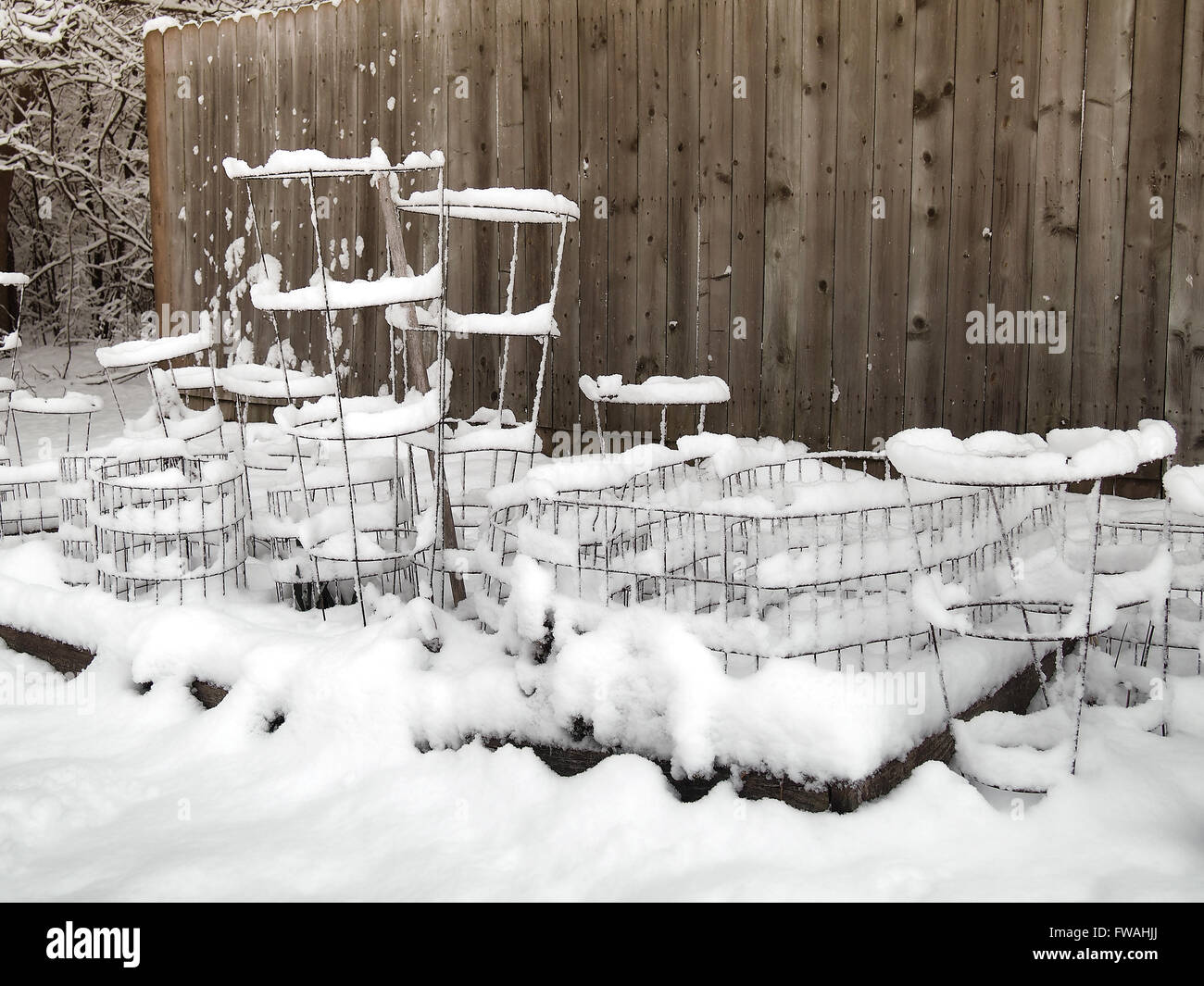 Gabbie di giardinaggio ricoperta di neve Foto Stock